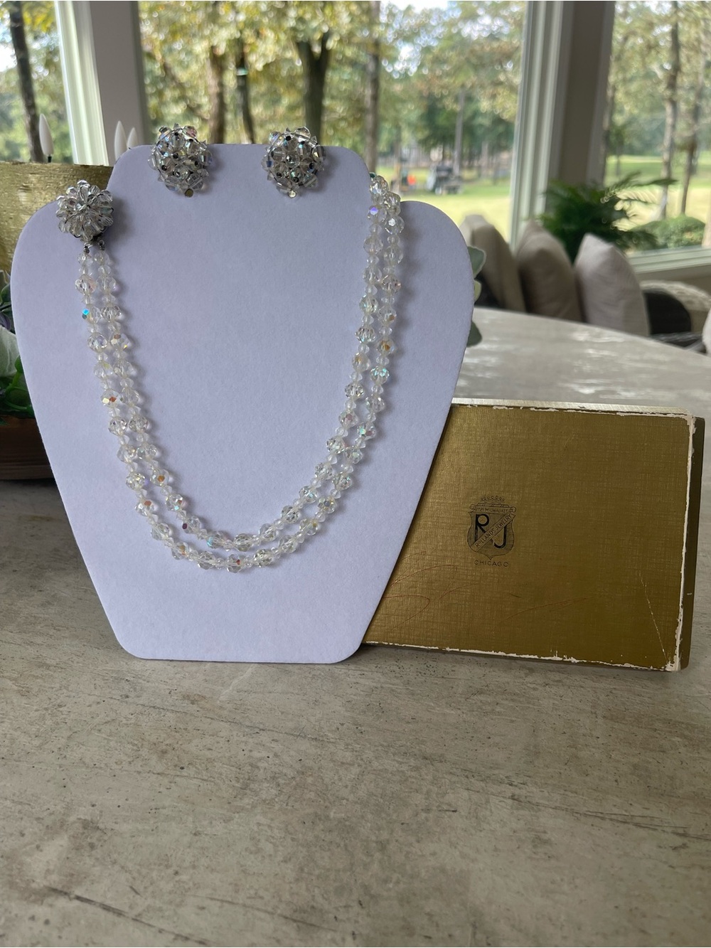 Aurora Crystal Double-Strand Necklace with Matching Clip-On Earrings — White
